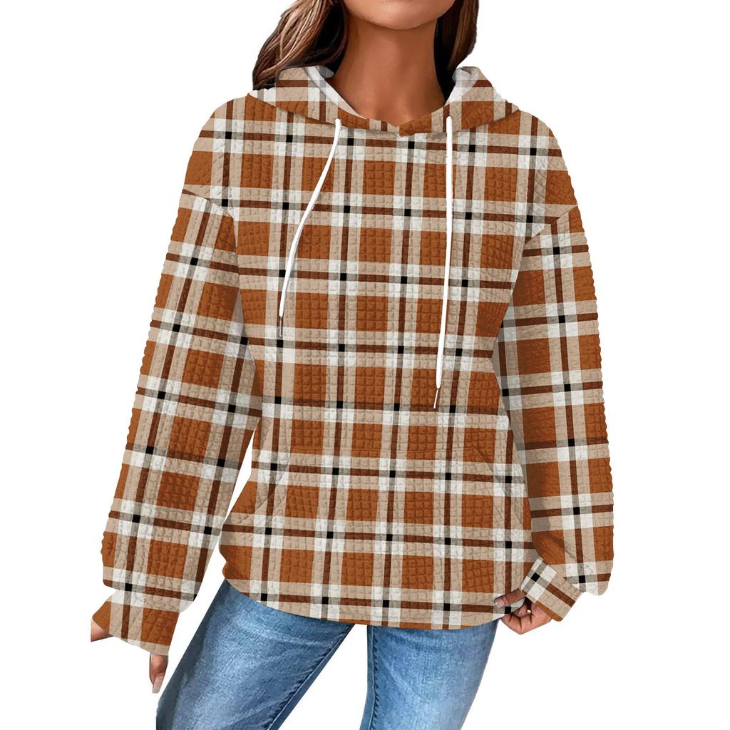 Women's Fashion Loose Hooded Pullover Long Sleeve Plaid Sweatshirt with Drawstring Drop Shoulder and Pocket Print Top