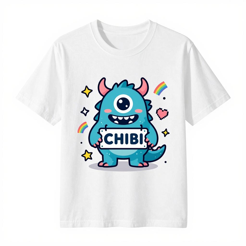 Unisexs Kawaii Chibi Blue Little Monster With Chibi Sign Print T Shirt Harajuku Casual Tee Unisex Summer Cotton Short Sleeve Tops