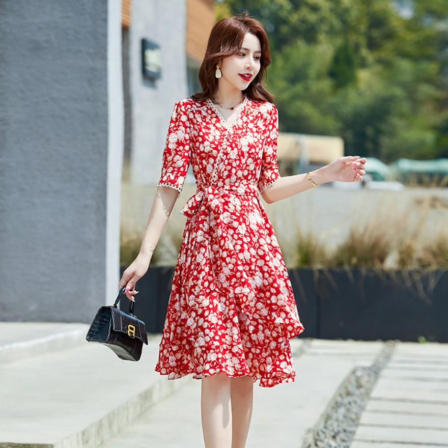 

Floral chiffon dress women s new temperament waist thin small design skirt M червоний