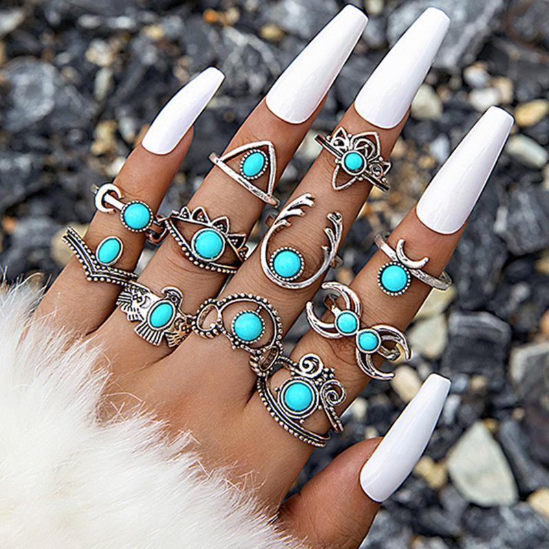 Ethnic style vintage turquoise carved feather ring fashion personality 8-piece combination ring set