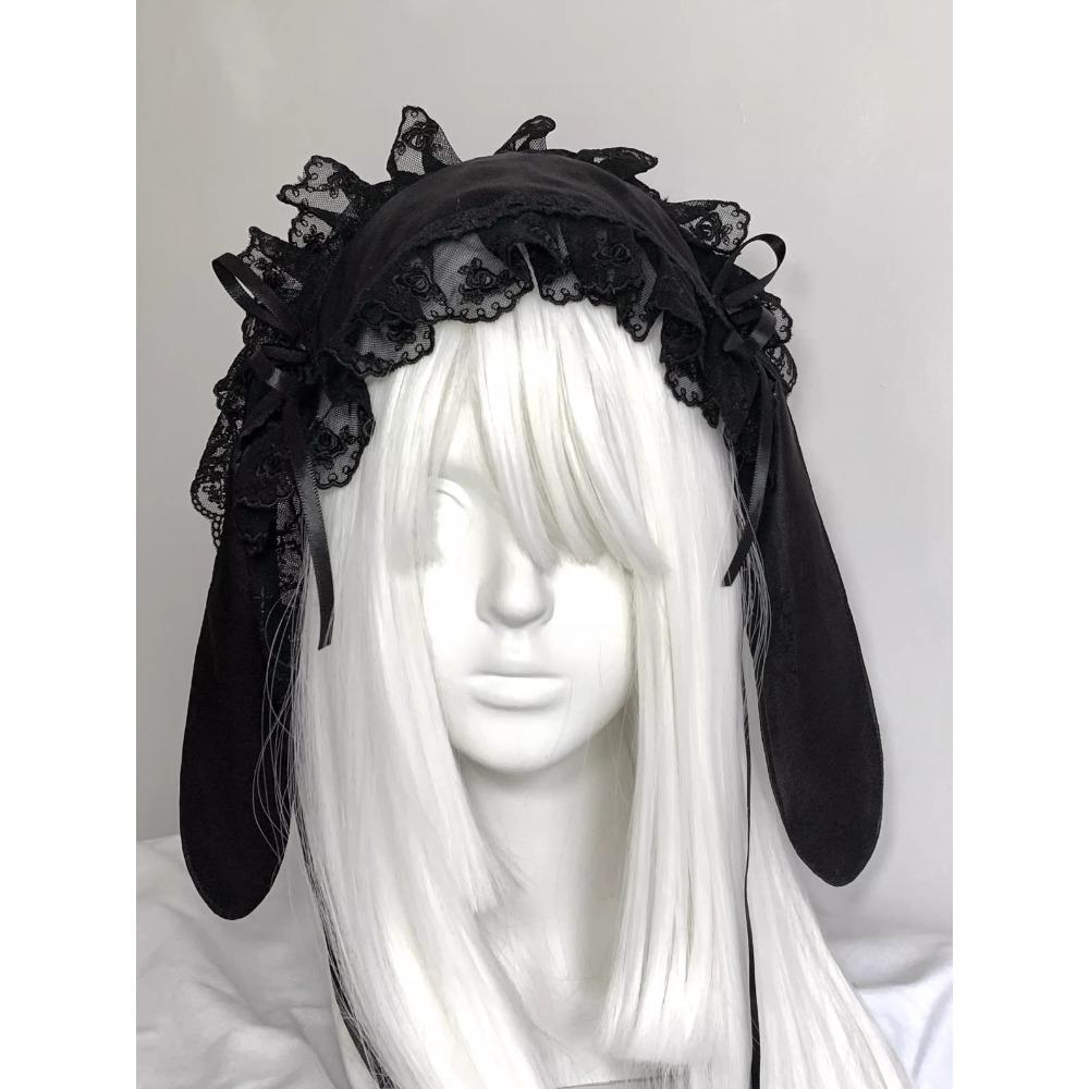 Black Bubble Original Handmade Lolita Rabbit Ear Headband Can Be Worn Before and After Girls Fashion Lace Cute Headgear