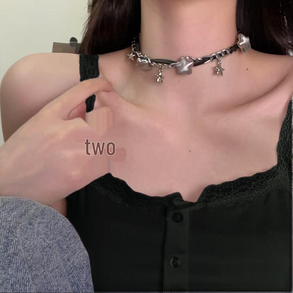Y2K Spicy Girl Dark Star Leather Choker Necklace - Pure Desire Clavicle Chain