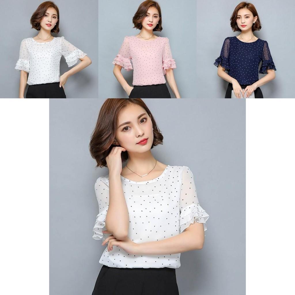 Summer Women Polka Dot Print Short Trumpet Sleeve Tops Stylish Casual Shirt
