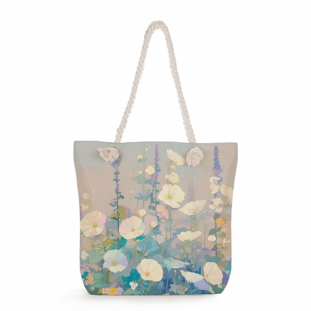Multifunctional Oil painting flowers Printed Thick Rope Shoulder Beach Bag Casual large capacity handbag 0245