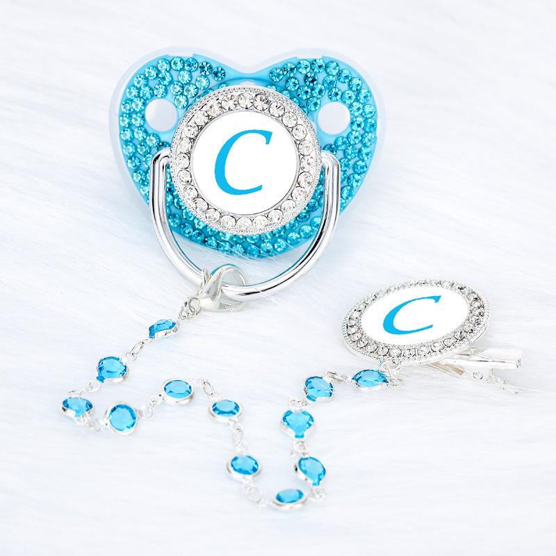 Lake Blue Rhinestone Baby Pacifier with Beaded Chain Clip