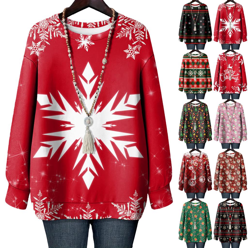 Ladies' Christmas Printed Round Neck Long Sleeved T-shirt Sweatshirt Top