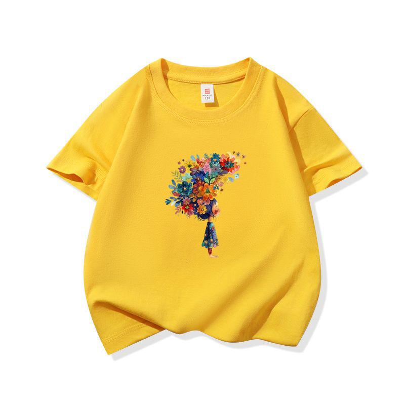 Kids Cotton T Shirt Multicolor Flower Girl Print Crew Neck Short Sleeve Tee Casual Breathable Boys Girls Summer Tops