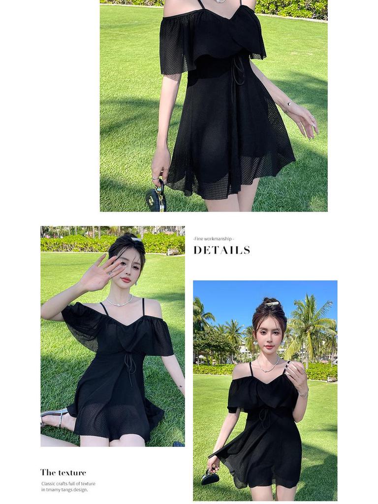 2025 Women's Conservative Solid Color Mori Girl One-Piece Suspender Swimsuit - Gentle Fairy Style for Summer