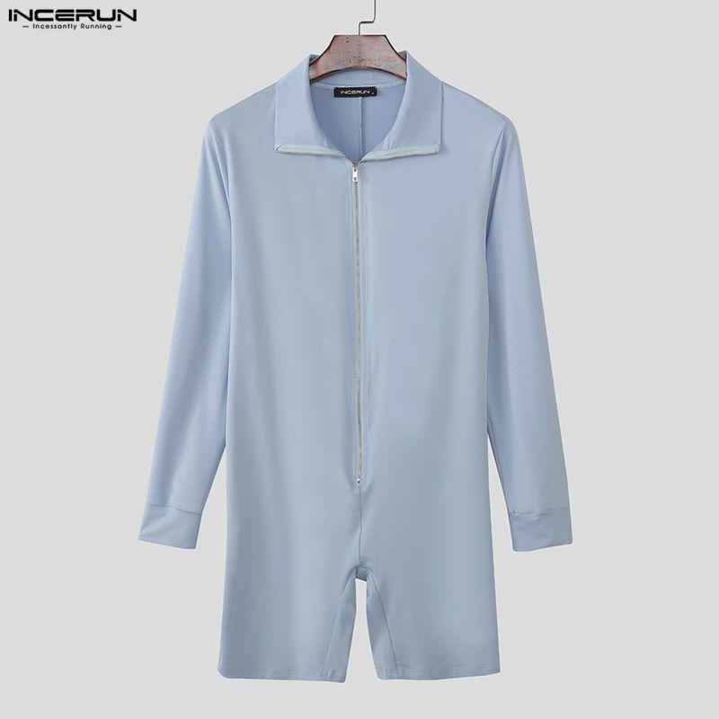 INCERUN Men High Neck Long Sleeve Zip-up Rib Jumpsuits Rompers Underwear