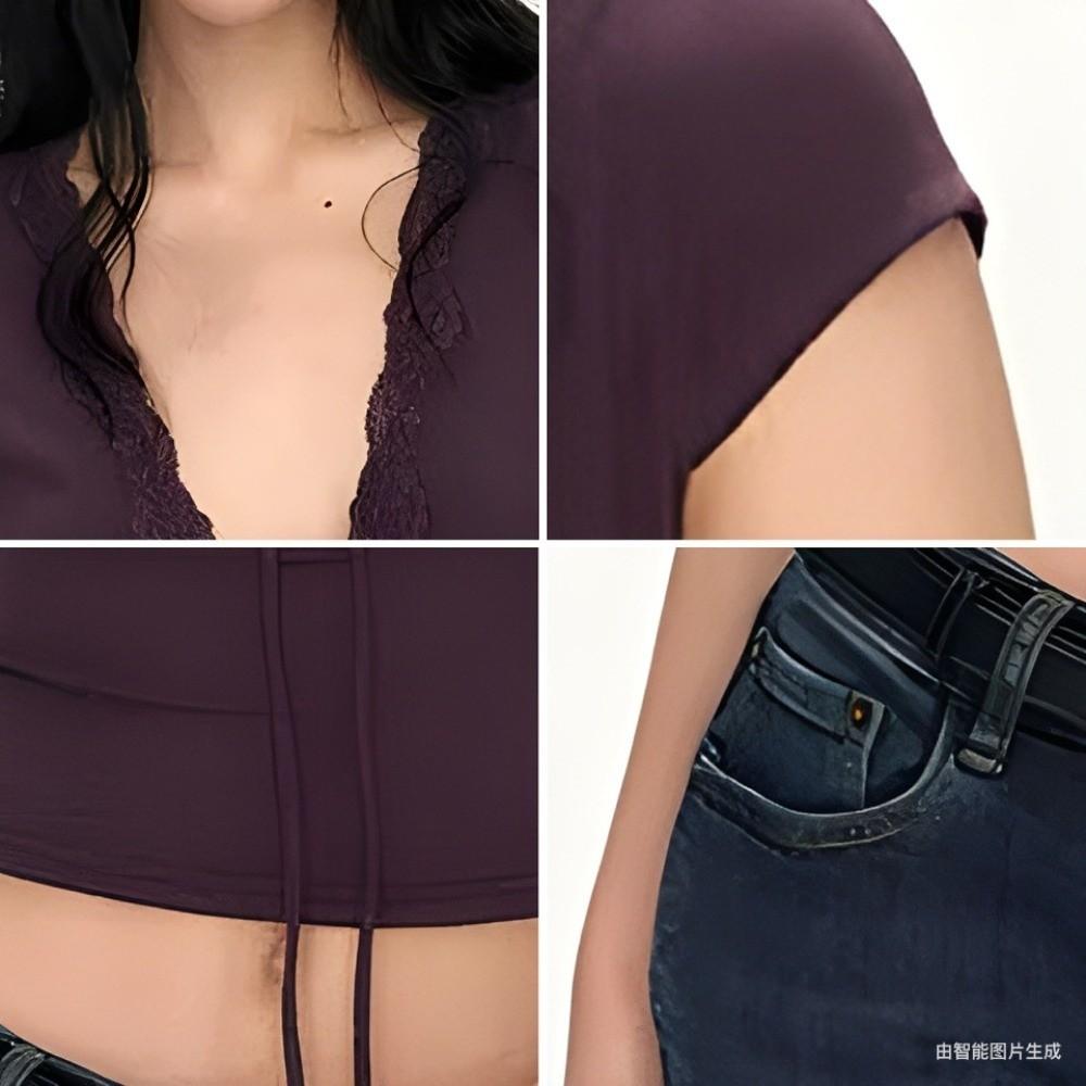V Neck Slim Crop Tops Lace Camisole Chic Bottoming T-shirt  Streetwear