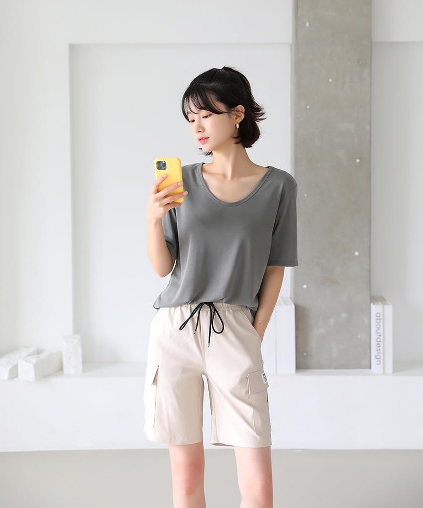 Ppaeppae Elastic String Label Patch Pocket Cargo Shorts
