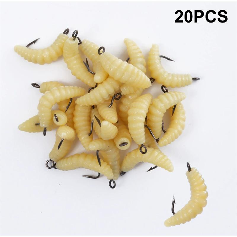 

20 шт. Приманки-личинки Резиновый хлебный червь Опарыши Набор рыболовных приманок с крючками для окуня, форели, краппи, синежаберника, для пресноводной рыбалки, запчасти