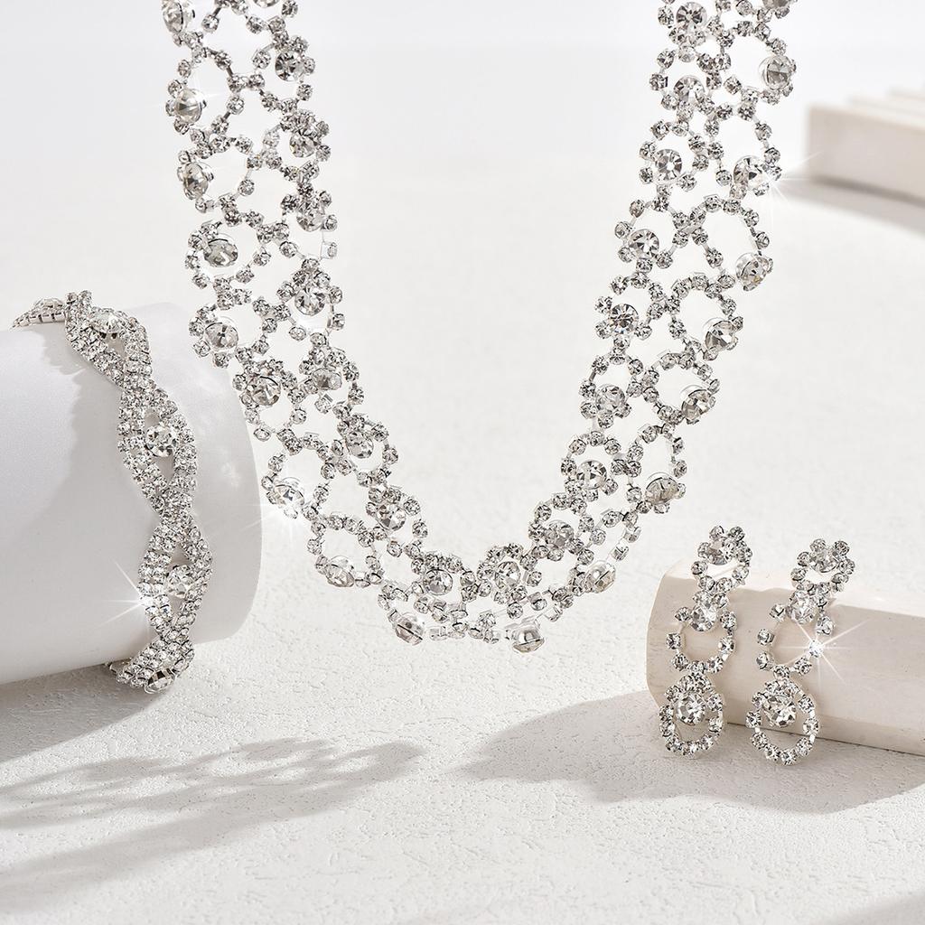 3pcs Women Jewelry Set Rhinestone Earrings Necklace Vracelet Wedding Party Accessories