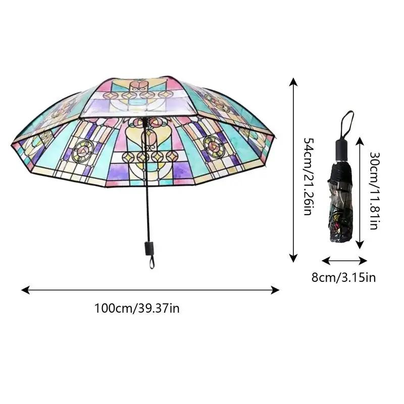 Hand-Painted Vintage Stained Glass Clear Umbrella, Romantic Automatic Folding Sun & Rain Umbrella, Portable Travel Umbrella