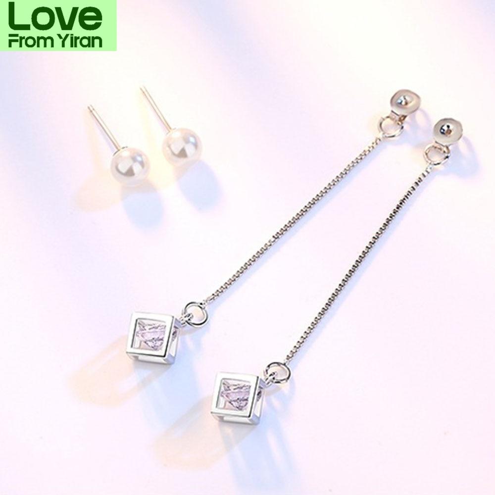 New 925 Sterling Silver Women Pendant Fashion Square Ear Line All -Match Pearl Ear Studs High Quality Zircon Pair Earring Jewelry