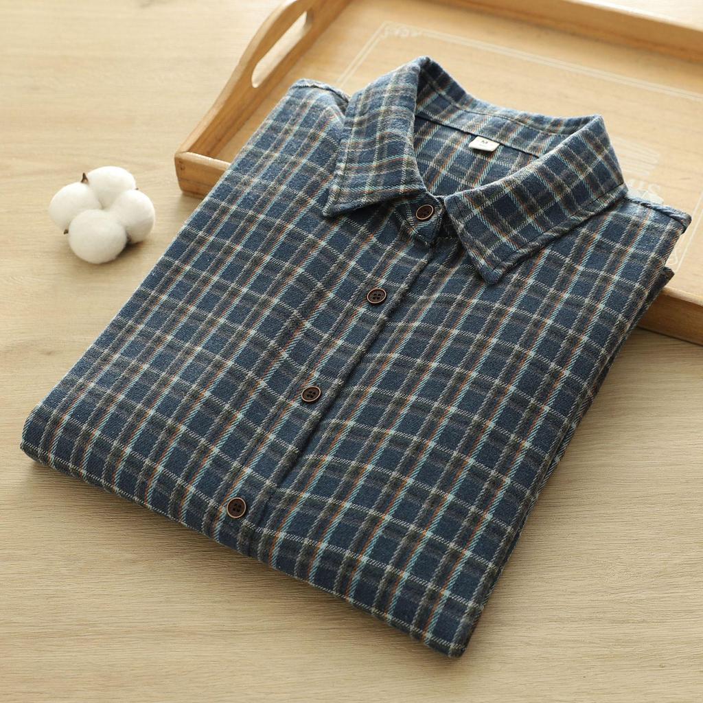 Literary Retro Plaid Brushed Cotton Long-Sleeve Women's Shirt - Spring 2026 Casual Collection