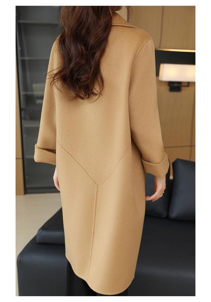 Women's Petite Mid-Length Double-Sided Wool Coat - Solid Color with Loose Seven-Sleeve Design