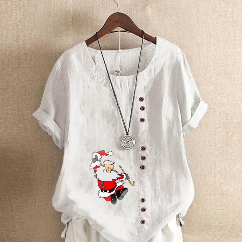 Women's Fashion Santa Claus Prined Round Neck Short Sleeve T-shirt Casual Cotton Linen Graphic Shirt Leisure Loose Summer Blouse Tops