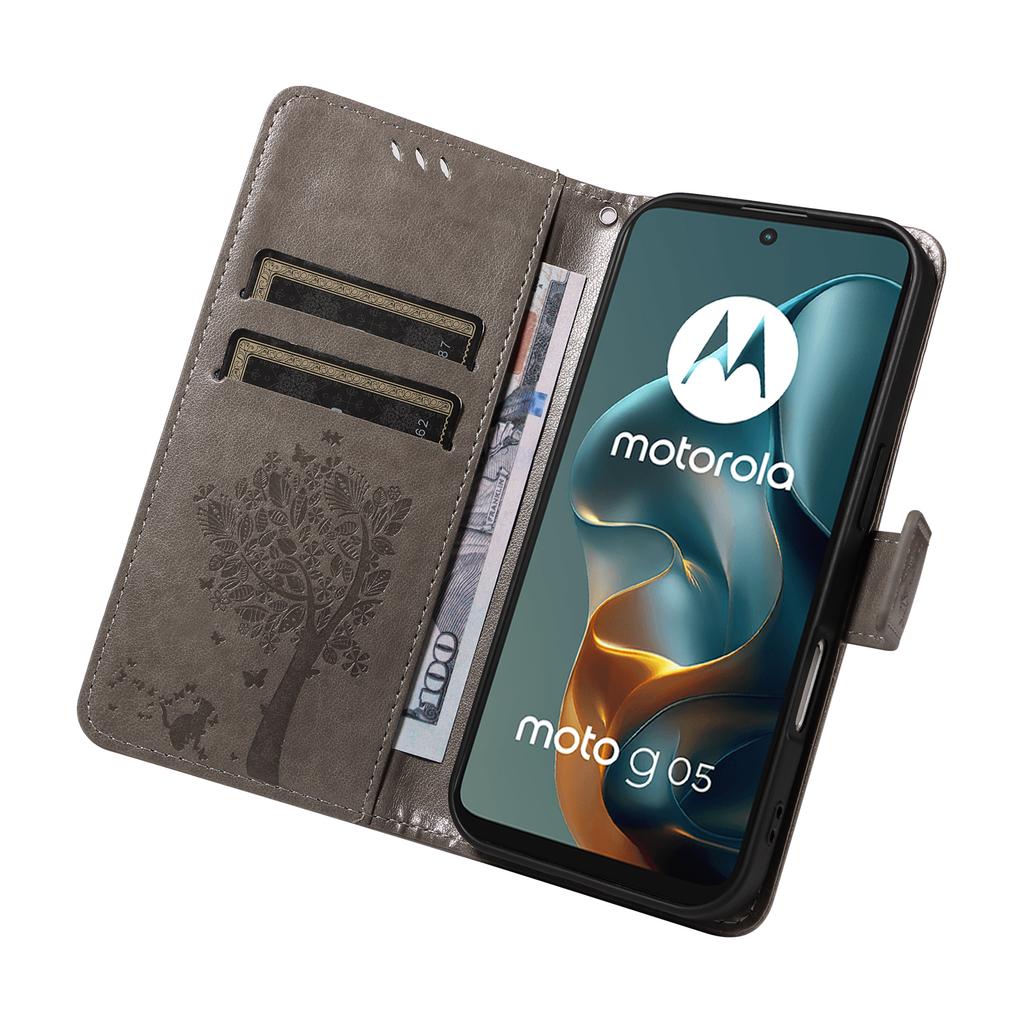 For Motorola Moto G05 4G Phone Case with Stand Cat Tree Pattern Leather Wallet Mobile Cover