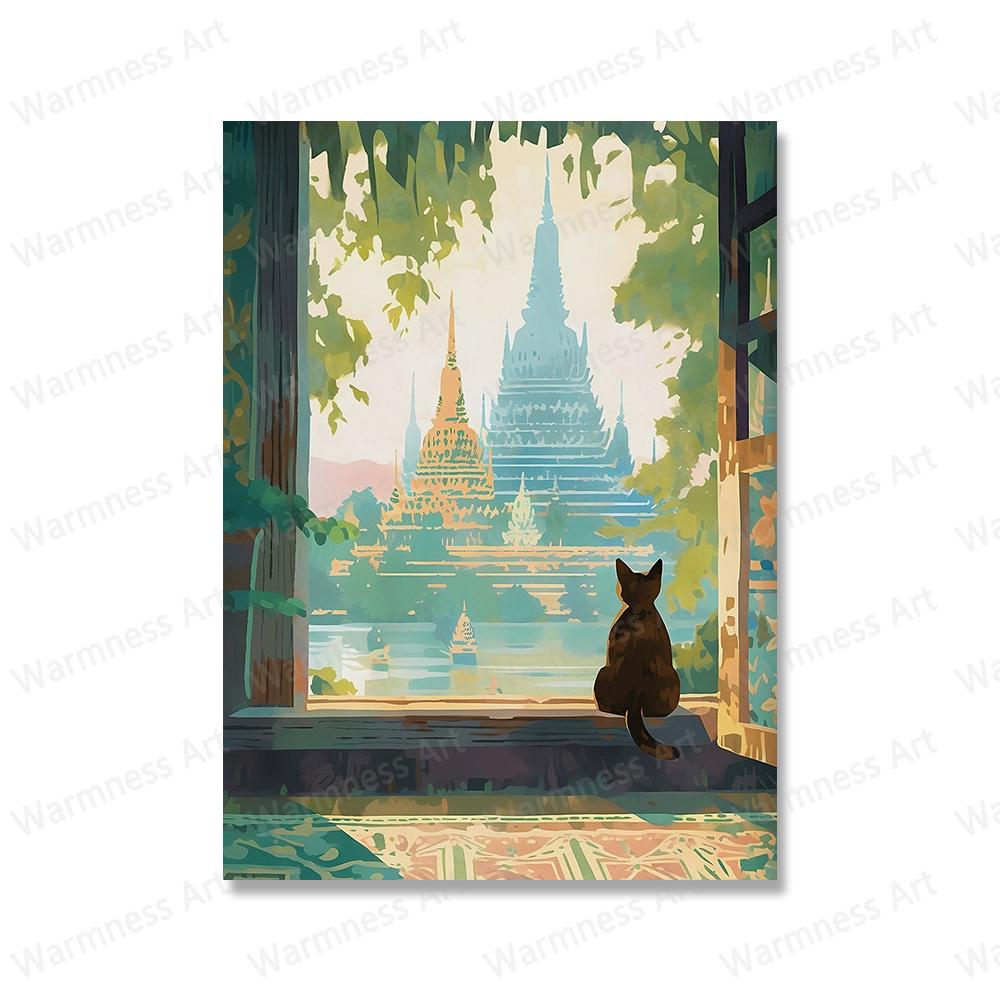 Adorabili gatti guardano il paesaggio, stampe artistiche su tela, quadri del viaggio a Firenze, montagna Fuji, Parigi, Grecia, poster