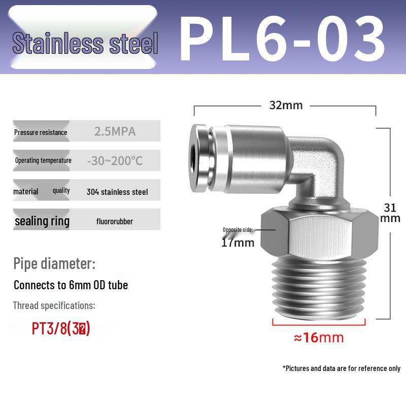 Zhuo Ji 304 Stainless Steel Pneumatic Quick Connect Fittings - PL8-02/4-M5/6-01/10-03 Thread