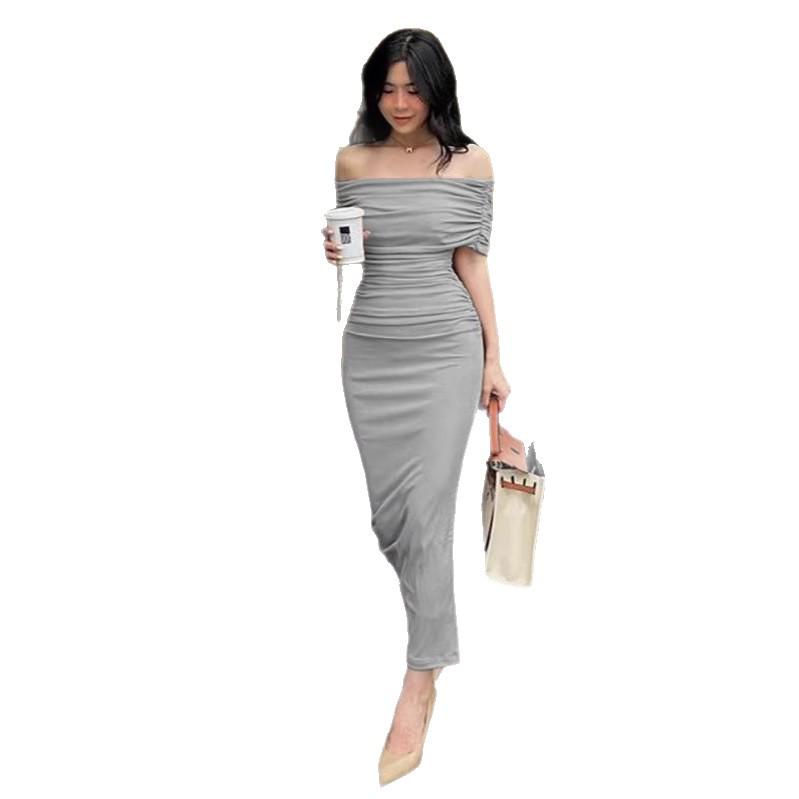 Spring Summer European & American Off-Shoulder Slit Long Dress - Slimming & Elegant Women's Formal Wear