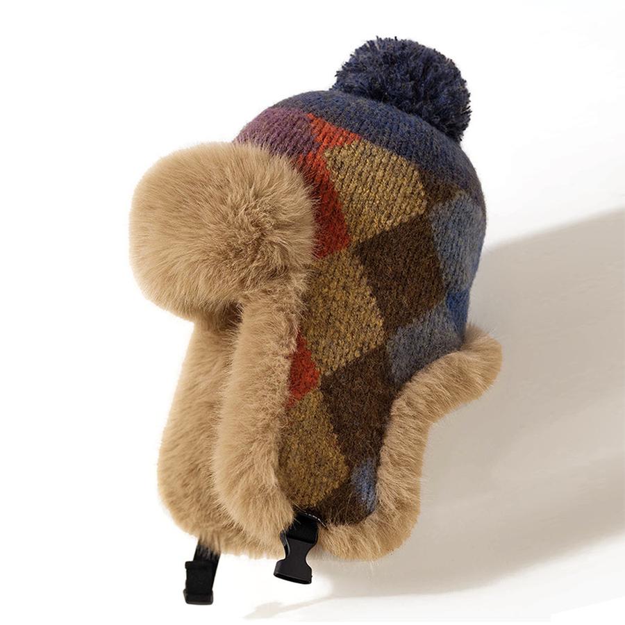 

Winter Fluffy Earflap Hat Women s Knitted Fleece Thick Reindeer Hat Men s Puffy Large Ball Warm Winter Cap темного кольору хакі