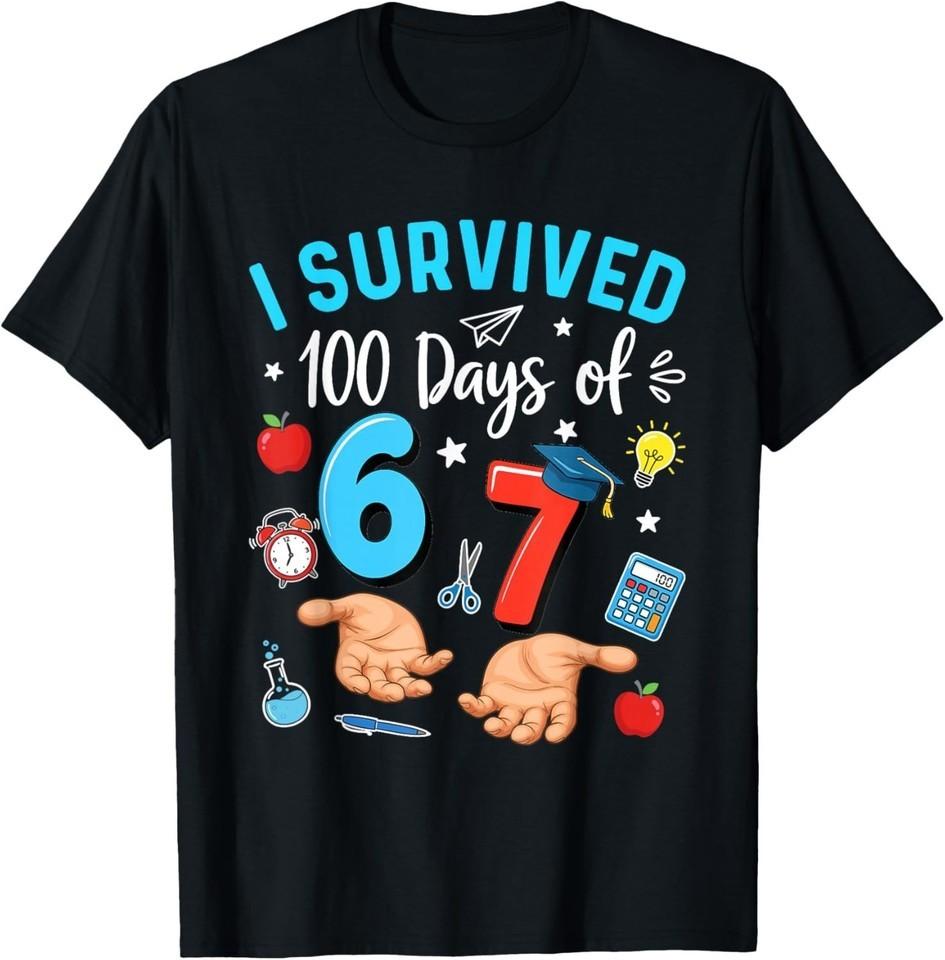 Funny I Survived 100 Days of 67 100th Day of School Teachers T-Shirt S
