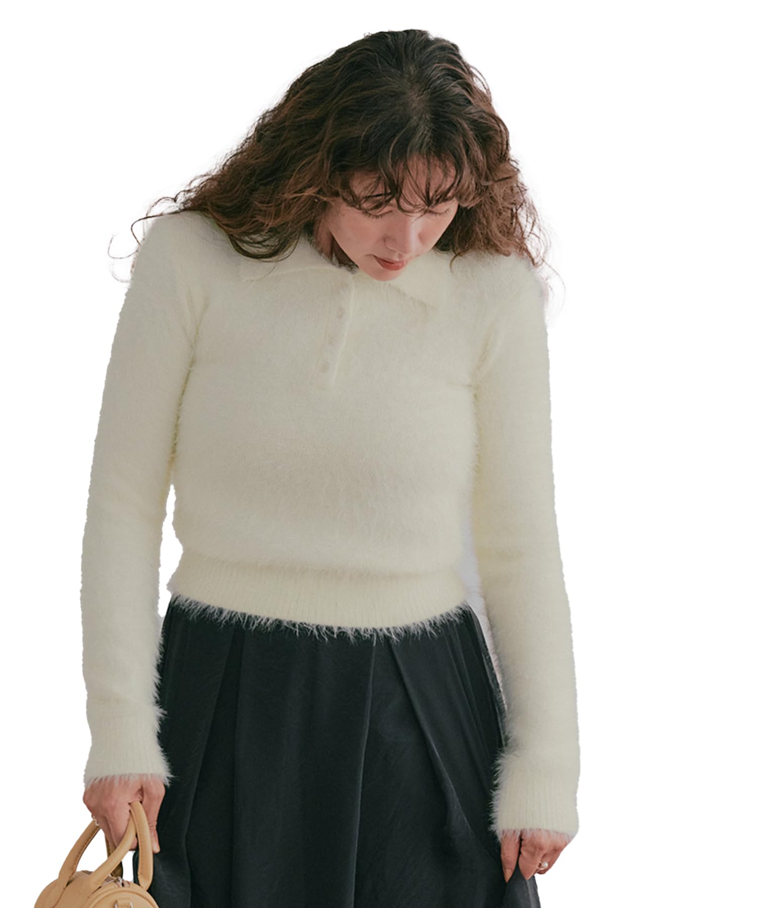 

Titibait AEXP4165 Polo Collar Shaggy Free Ivory Women s Knit, Size, слоновая кость