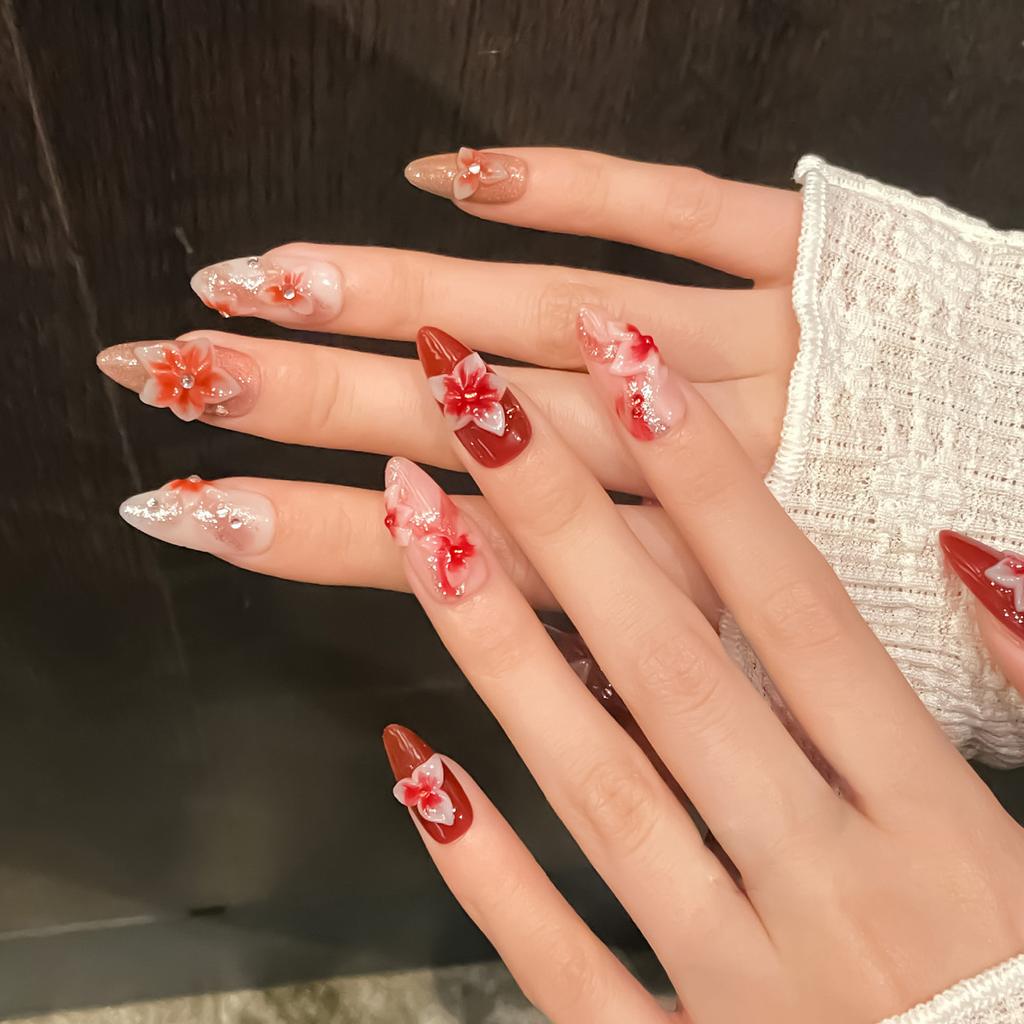 Demon Flower 3D Carving Nail Art Almond Press On Nails Wearable Fake Nails For Party Wedding