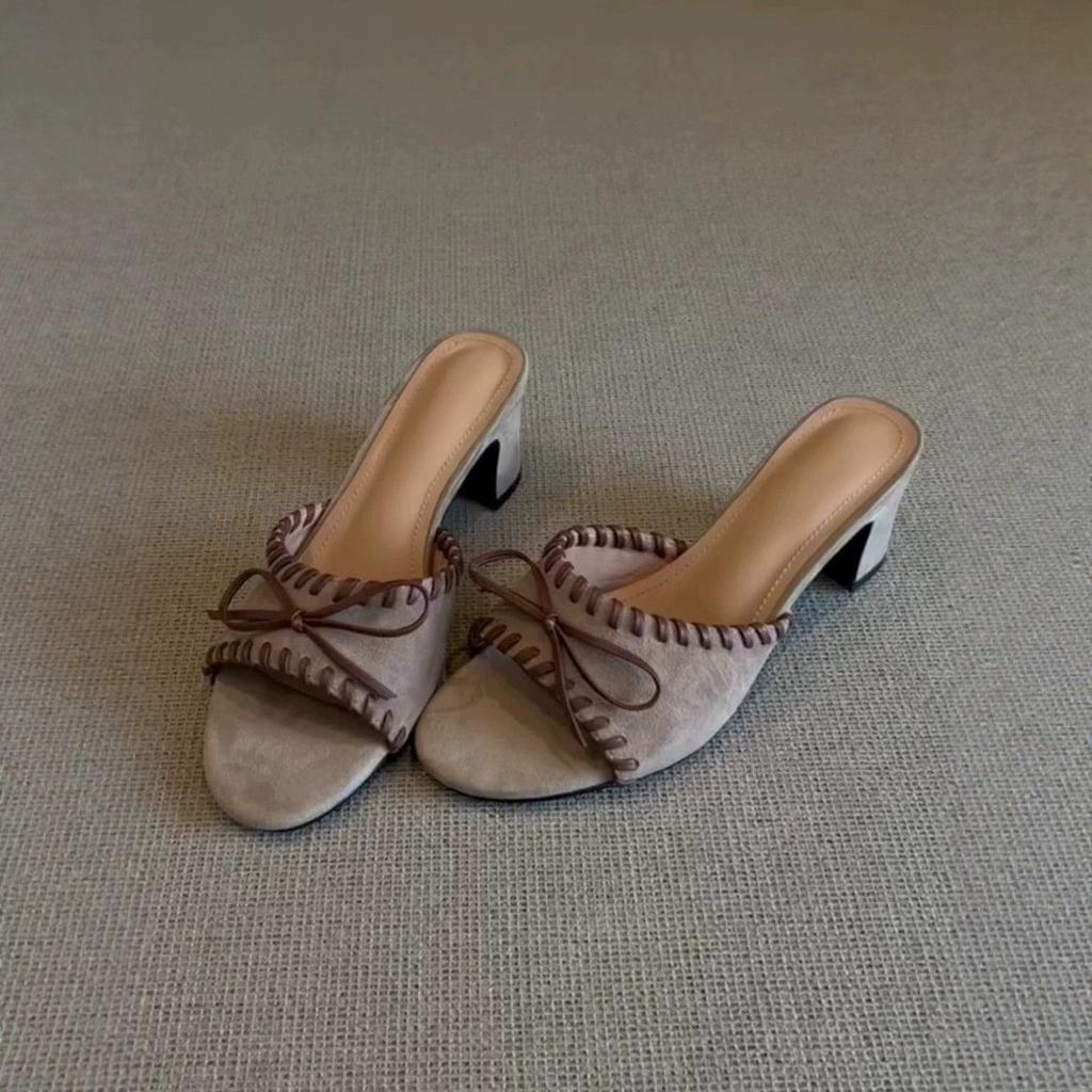 Fashion Low Shoes Ladies' Slippers Women Heels Square heel Rubber Flip Flops Butterfly-Knot High Block Genuine Leather Hawaiian Fretwork