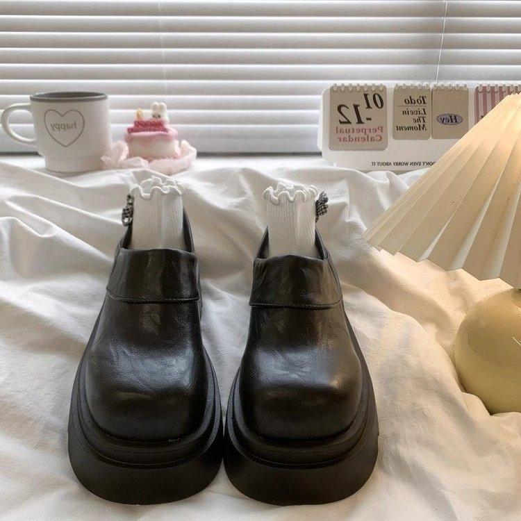Schwarze Loafer für zwei Tragearten, kleine Lederschuhe, Frühjahrsneuheit, Britischer Stil, Retro, Dicksohlig, Absatzsteigernd, Beutelspitze, Halbschuhe