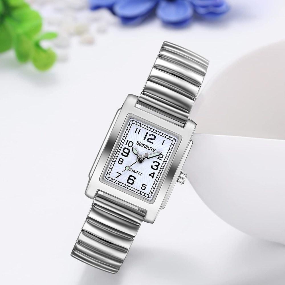 JewelryWe Women's Square Bracelet Watch Elastic Band Analog Waterproof Silver Gift