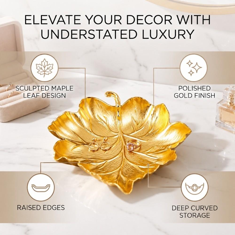 Zinc Alloy Jewelry Dish Golden Trinket Dish Elegant Leaf Shaped Tray  For Rings