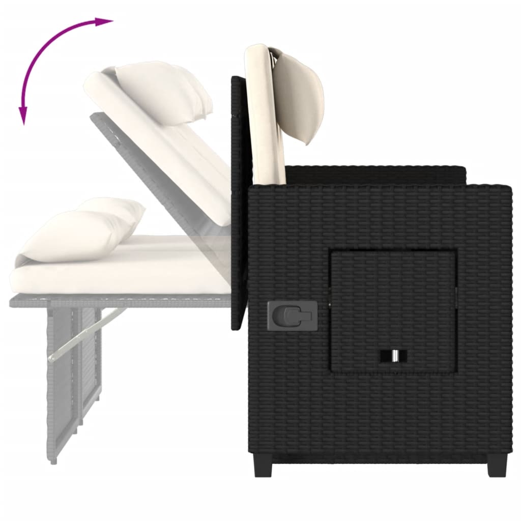Adjustable Garden Bench with Cushions Black Poly Rattan