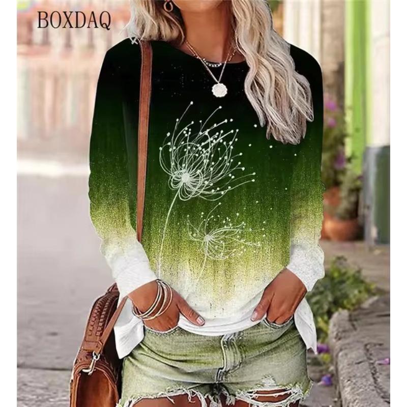 Löwenzahn Muster Damen T-Shirts Frühling Herbst Langarm 3D Pflanzen&Blumen Druck Street Gradient Damen T-Shirts 5XL Übergröße Top