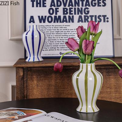 Colorful Stripes Ceramic Vase Desk Decoration Flowers Arrangement Artificial Flower Decorative Floral Vases Room Aesthetic Decor