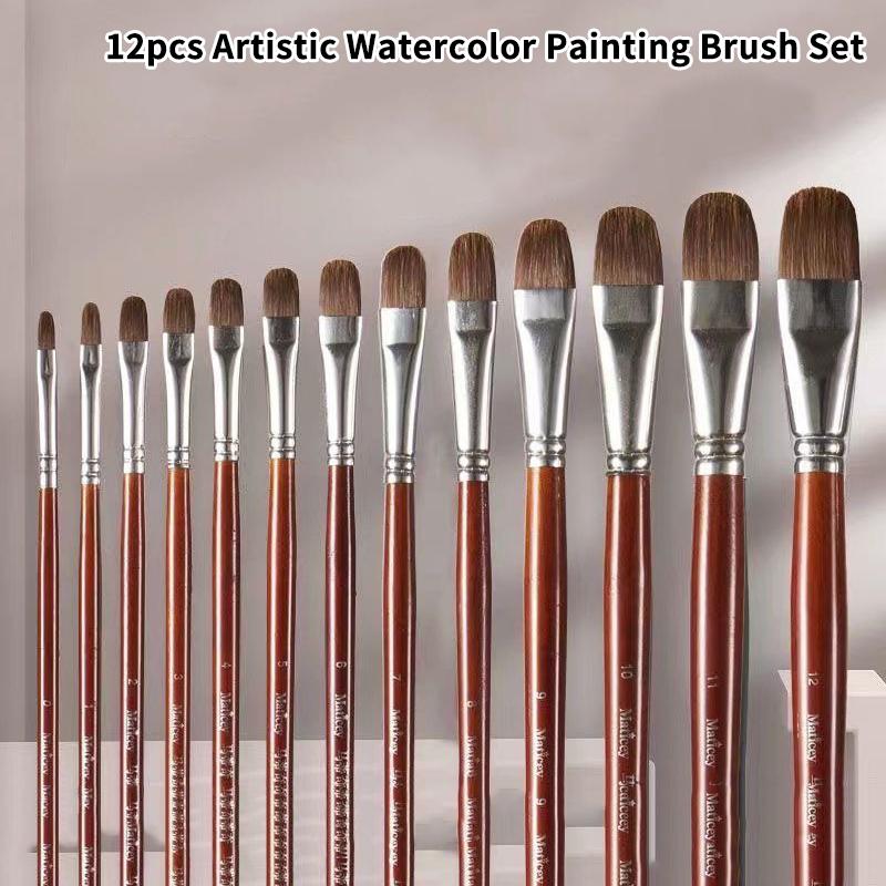 12-Piece Watercolor Paint Brush Set | Artistic Round & Flat Brushes for Watercolor, Acrylic & Gouache Painting