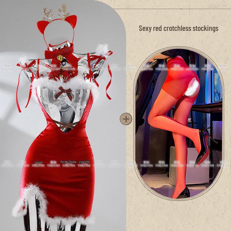 Seductive Red Christmas Lingerie Set - Sheer, Tight-Fit, Teasing Role Play Costume 0936