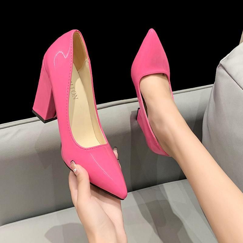 Large size high heels women's autumn new sexy thick heel pointed single shoes shallow mouth patent leather one pedal