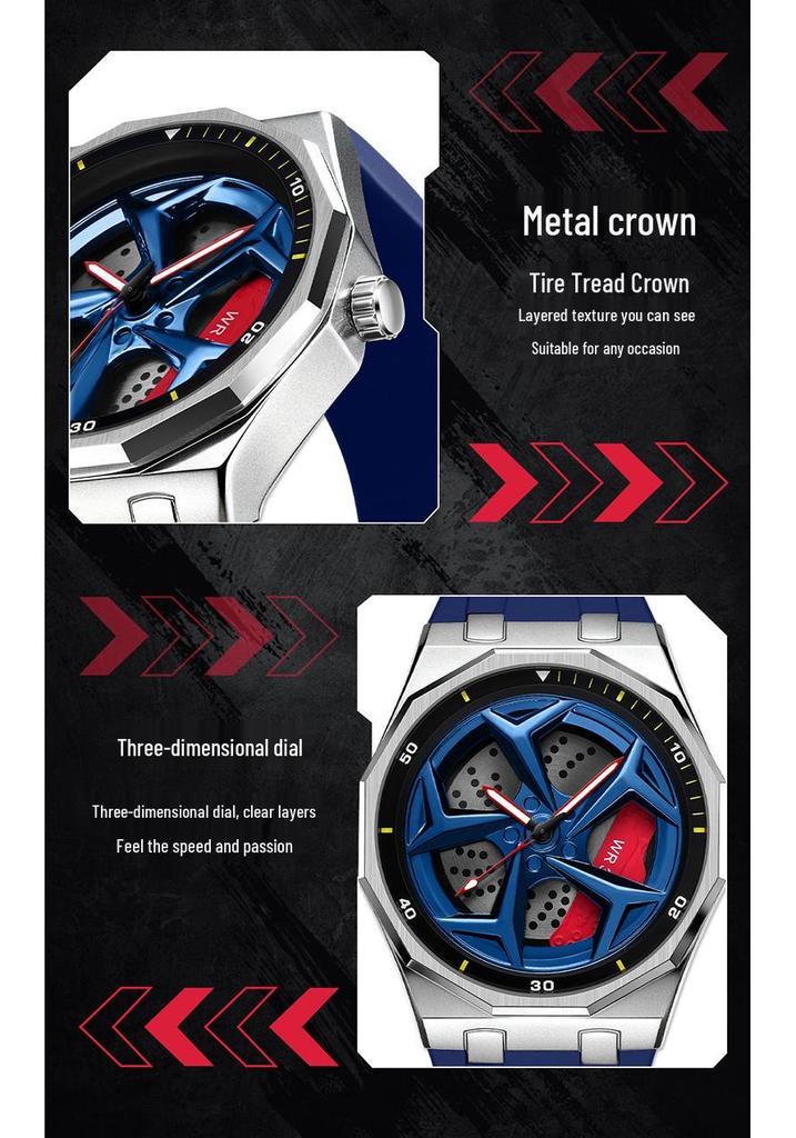 SANDA Men's Waterproof Luminous Polygonal Quartz Watch with 3D Rotating Dial and Silicone Band