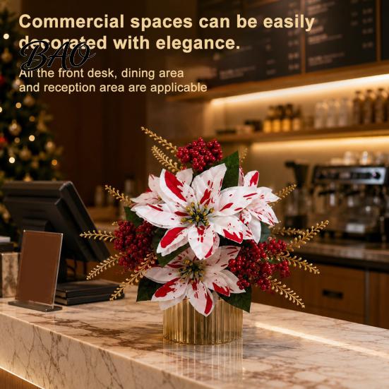 Decorative Plants for Planters Artificial Poinsettia Flowers, Christmas Fake Floral Berry Centerpiece, Fade-Resistant Dieffenbachia Red And White Home