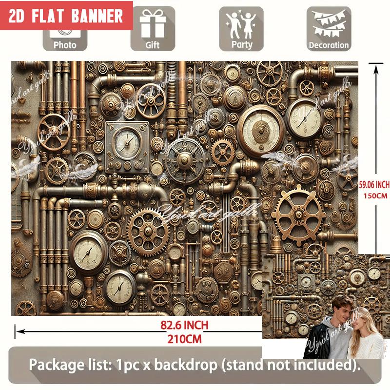 2D Flat Party Backdrop Banner - Large Steampunk Theme with Gears, Pipes & Vintage Clock