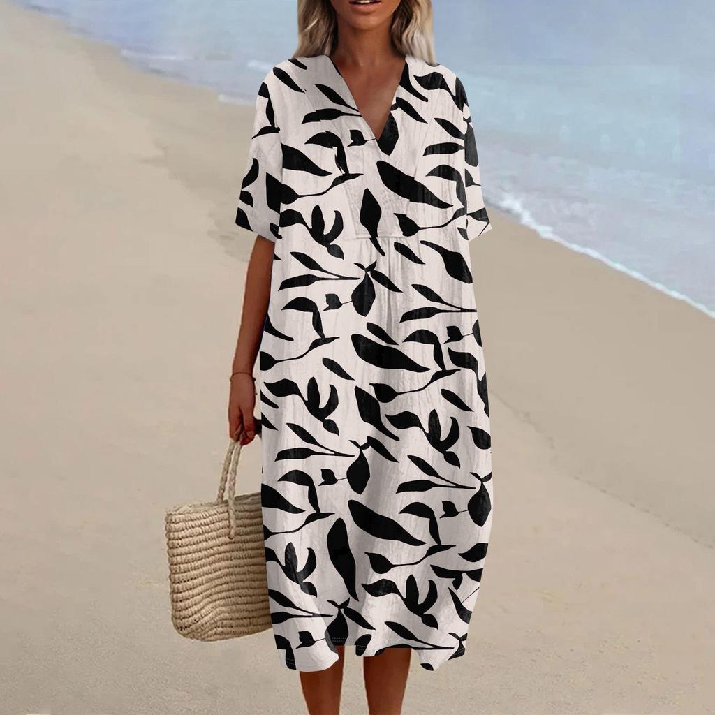 Women's Loose Casual Fashion V-Neck Printed Dress Beach Skirt
