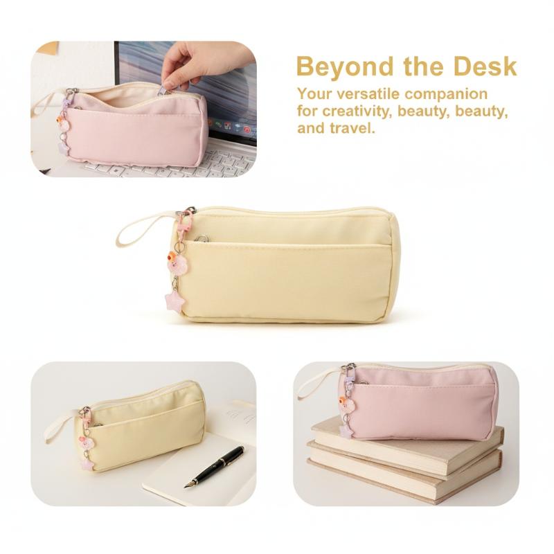 1Pcs Simple Solid Color Pen Bag Large Capacity Handheld Design Stationery Bag Double Layers Stationery Organizer Students