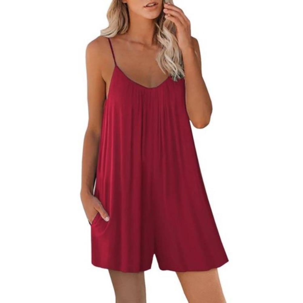 Women's V Neck Spaghetti Strap Solid Color Loose Fit Straight Leg Rompers Cute Fresh Casual Short Jumpsuit With Pockets