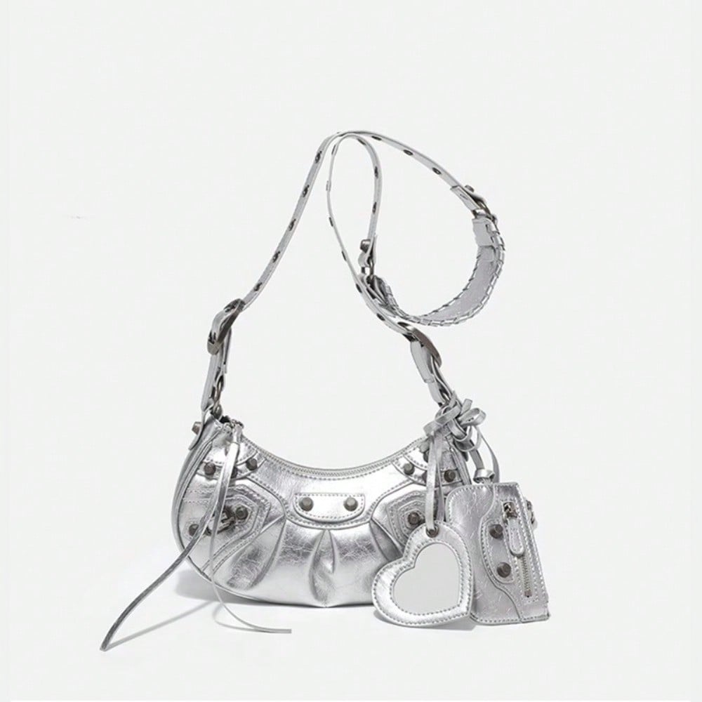 Locomotive Armpit Bag Women's Pleated Crescent Bag, Rivet Tassel, Shoulder Crossbody Women's Bag