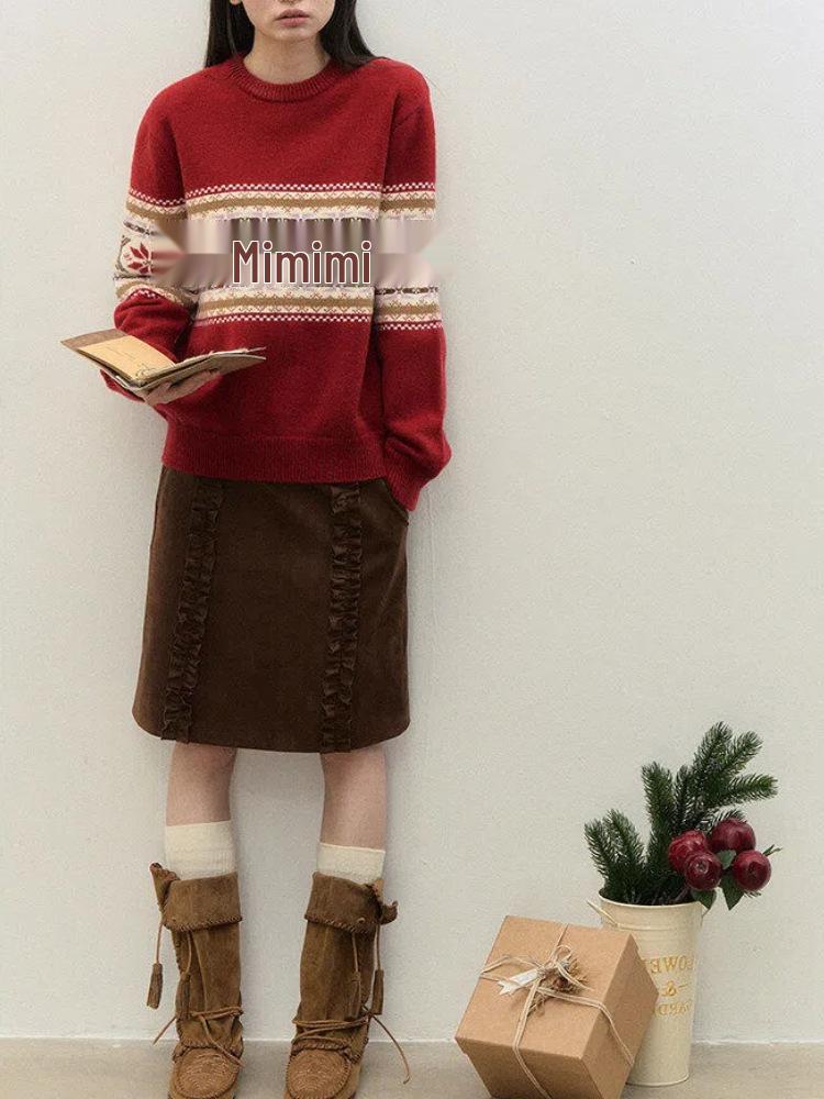 

AFFFREEDOM Retro Ruffled Suede Midi Skirt - Versatile Autumn/Winter Casual Straight Skirt Medium шоколад коричневого кольору