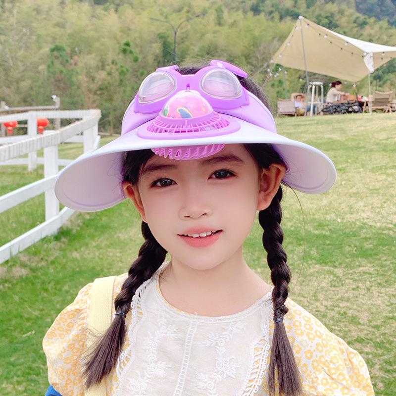 

1114 children s hats boys and girls summer outdoor sun protection visor cartoon large brim with fan empty top hat фиолетовый