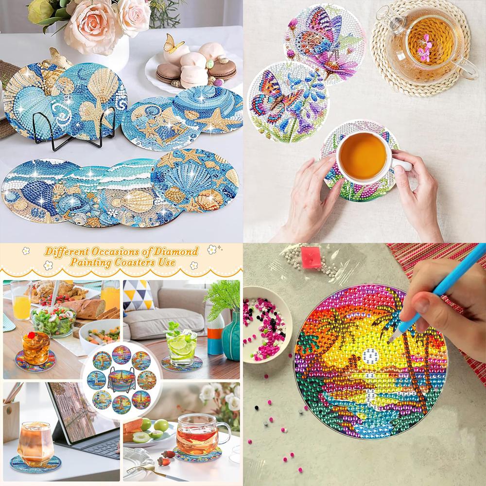 8-teiliges Set mit diamantbemalten Untersetzern mit Tier-, Strand- und Muschelmuster und Halterungen, DIY-Untersetzer für Anfänger und Erwachsene, Kunst- und Bastelbedarf, Geschenke